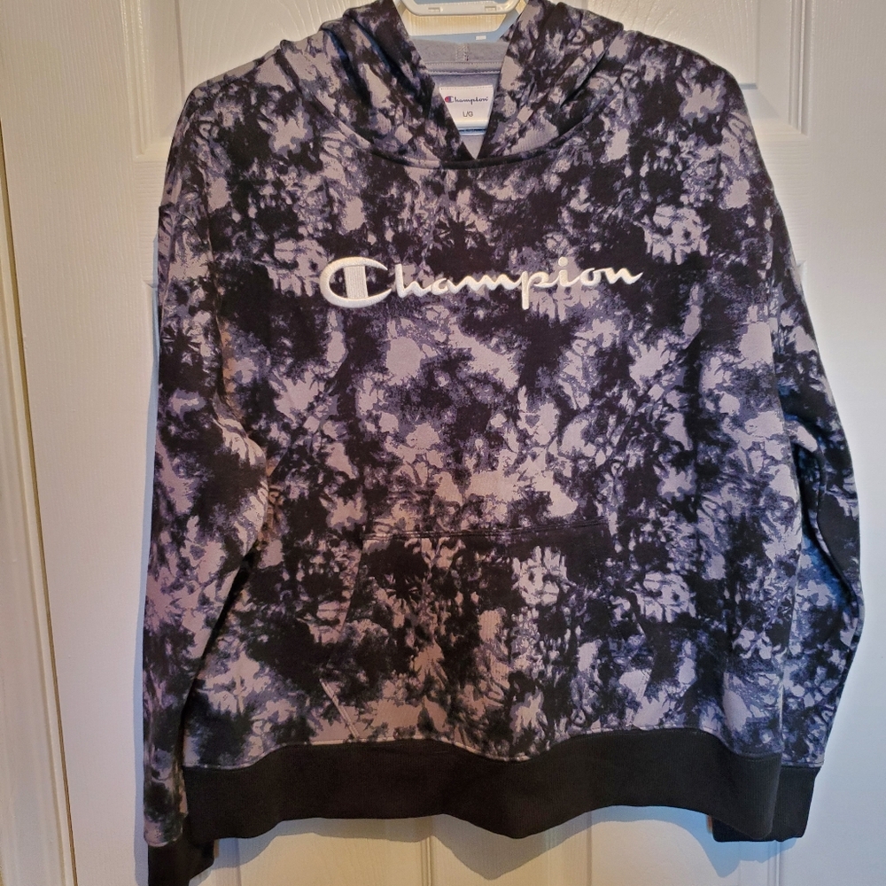 Champion Cropped Tie-Dye Grey Hoodie, Size L.